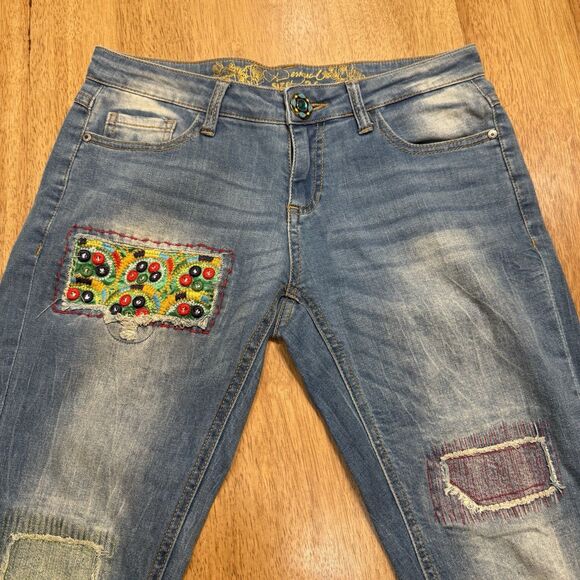 Desigual Ethnic Embroidered Jeans Boho Patchwork Denim Size 26 Hippie Zip Ankle - Picture 6 of 14